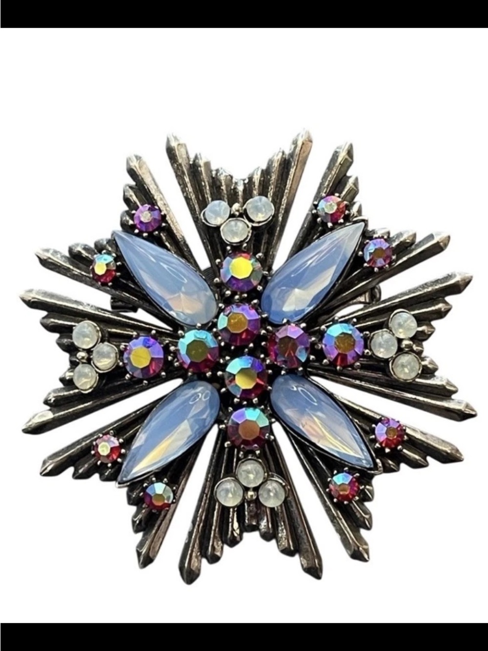 Vintage Florenza Maltese starburst cross pendant necklace w/ Iridescent stones